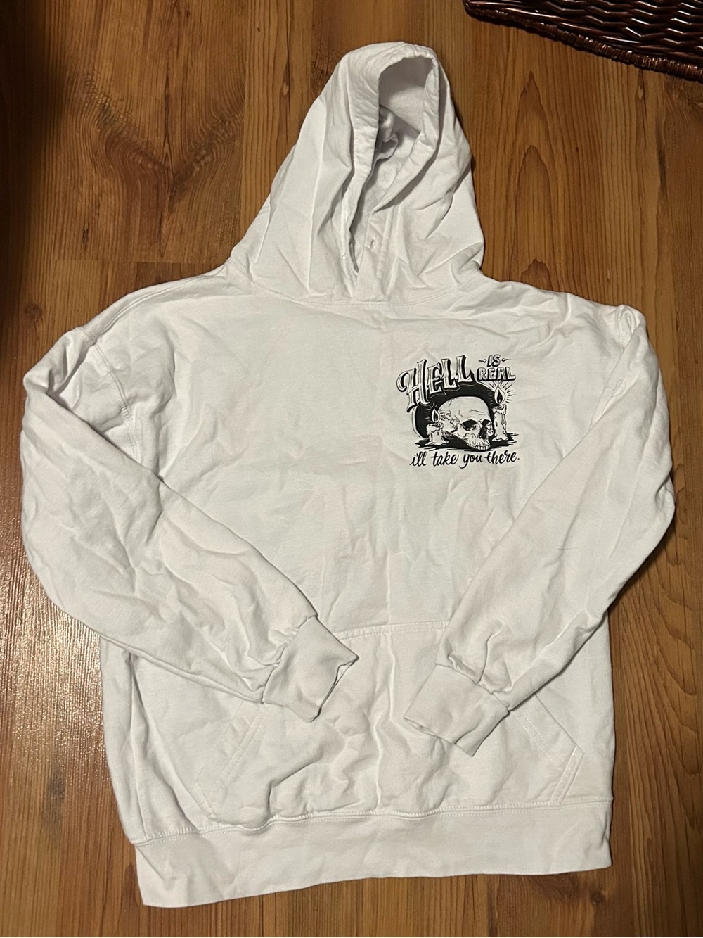 White Graphic Hooded Sweatshirt with Skull Chest Print